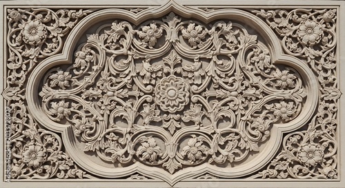 Intricate Floral Carving on Stone Panel.