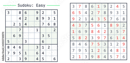 Easy Sudoku puzzle with solution displayed on white background  