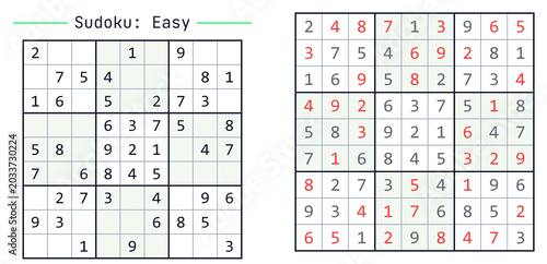 Sudoku puzzle game grid with easy and solved versions displayed  