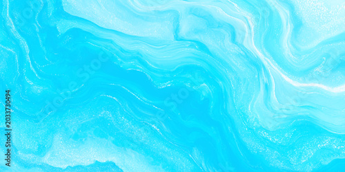 Bilde på lerret Vibrant turquoise fluid art background with swirling white patterns and glitteri