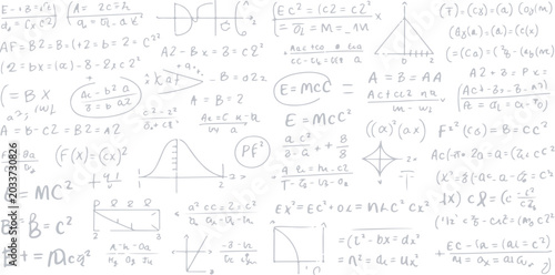 A technical sketch of math formulas on a blackboard alongside an architectural house plan and engineering design blueprint for school