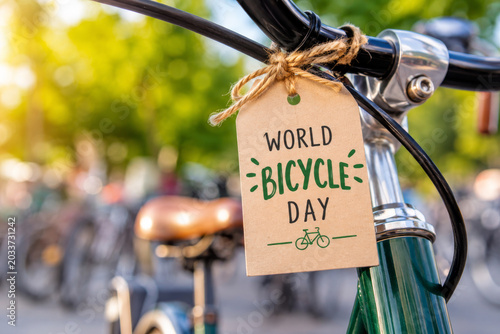 Close-up of World Bicycle Day craft paper tag tied to a bike handlebar.