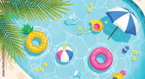 Fotografía Summer pool, inflatable toys, beach balls, tropical getaway