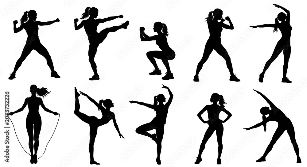Fototapeta premium フィットネスを楽しむ女性のシルエット｜ミニマルスポーツデザイン Silhouette of woman enjoying fitness – minimal sports design