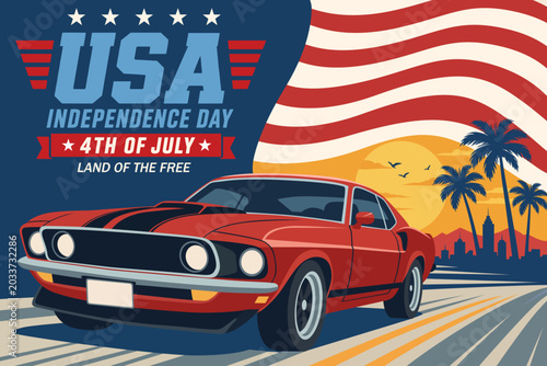 Foto Independence Day USA banner background featuring retro red sports car, waving American flag, and sunset city landscape