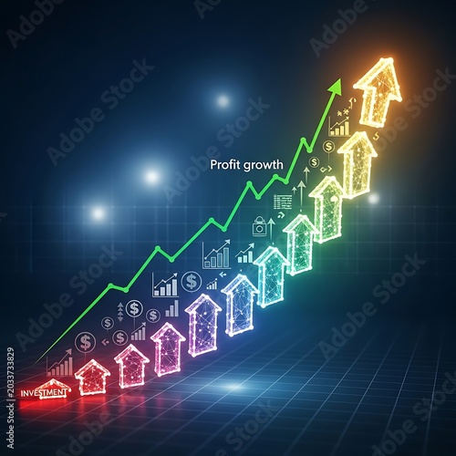 Business growth chart with rising profits and coins.