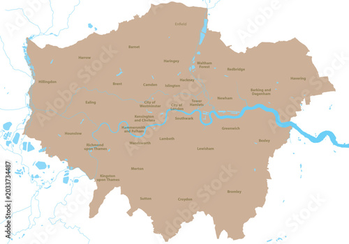 London map simplified vector illustration with boroughs and River Thames for 