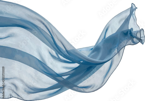 Foto Flowing sheer blue fabric wave isolated on white background.