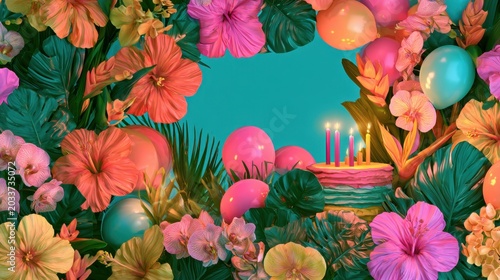 Vibrant birthday celebration adorned with exotic flowers and colorful balloons brings joy