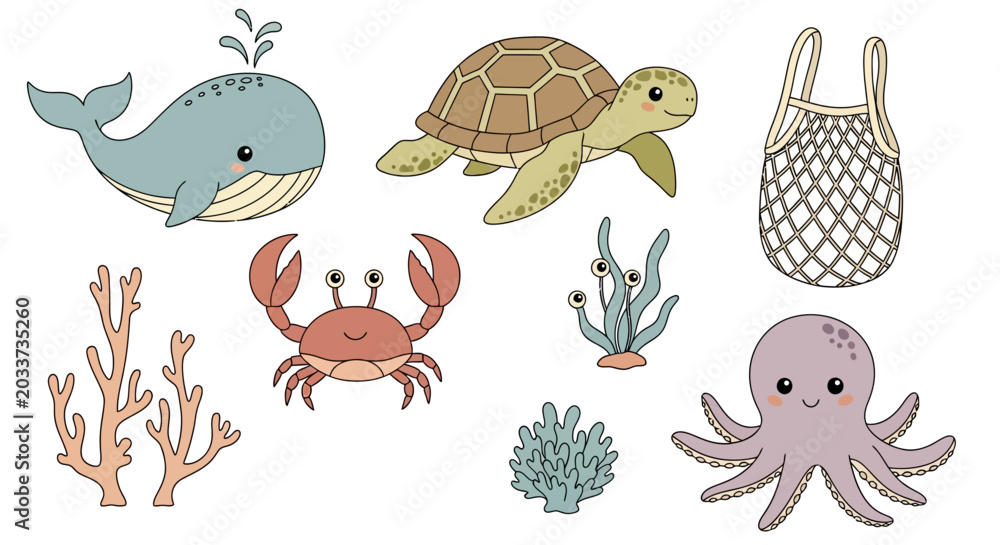 Fototapeta premium Sea creatures, ocean animals, cartoon illustrations, vector set, marine life icons, 8 elements