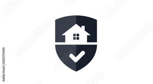 Shield with house and check mark.