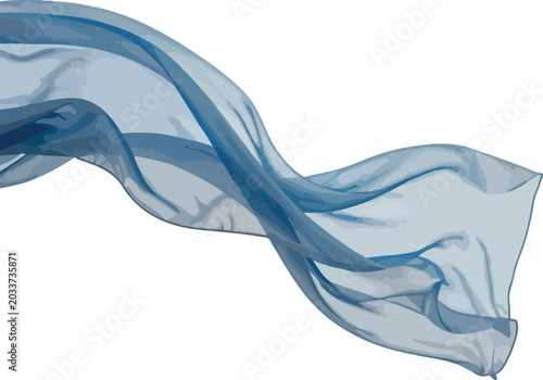 Flowing sheer blue fabric wave isolated on white background.