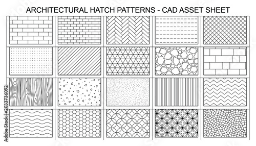 Architectural hatch patterns cad asset sheet vector graphics for blueprints drawings and design projects.