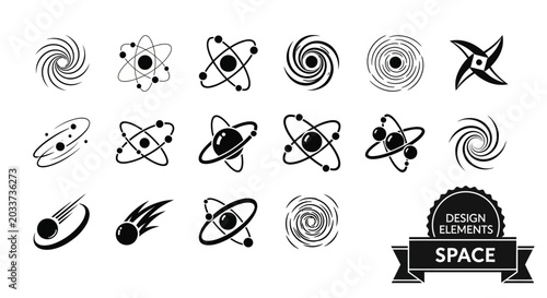 Bild auf Leinwand Space icons, astronomy symbols, black design elements, vector graphics, 20 space