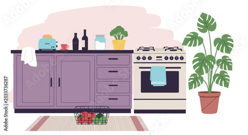 Foto Kitchen interior, modern home decor, purple cabinets, white appliances, vector i