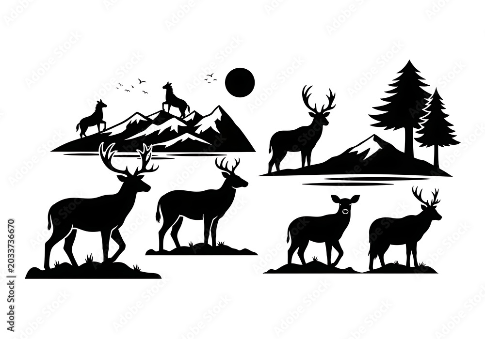 Fototapeta premium Deer Silhouettes Standing on Mountain Landscape with Trees