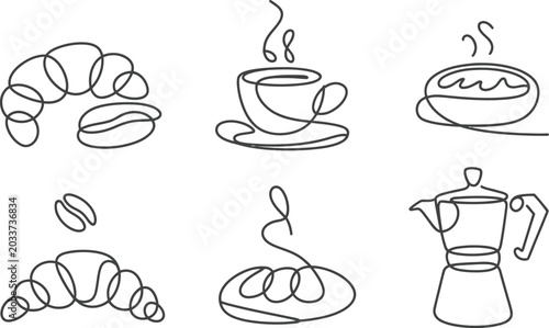 Collection of breakfast pastries and coffee line art with moka pot breakfast croissant beverage illustration minimalist. Vector illustration