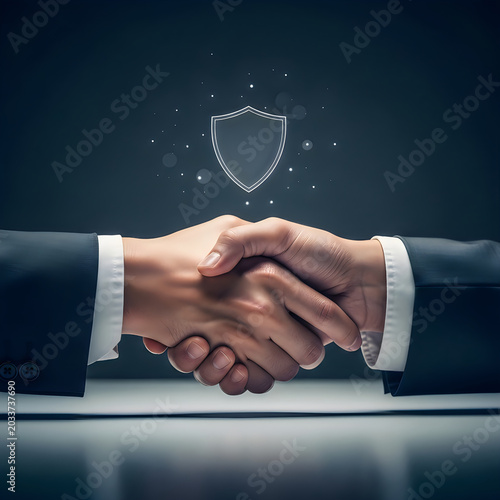 Professional business handshake between two partners with digital shield icon overhead representing secure partnership and corporate trust concept