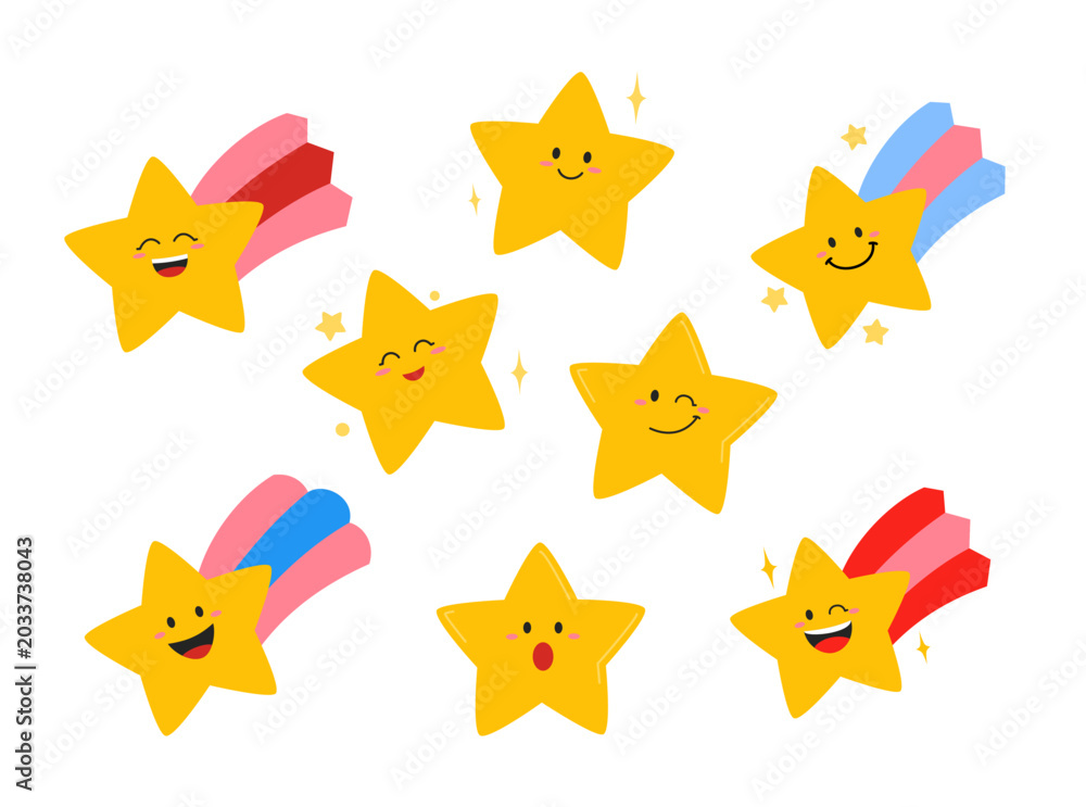 Naklejka premium A collection of cute star illustrations with playful expressions and child friendly designs. Suitable for kids projects, stickers, posters, and nursery themes.