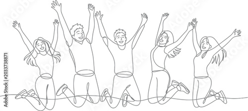 Group of five people jumping with hands raised in celebration happiness excitement movement lifestyle recreation. Vector illustration