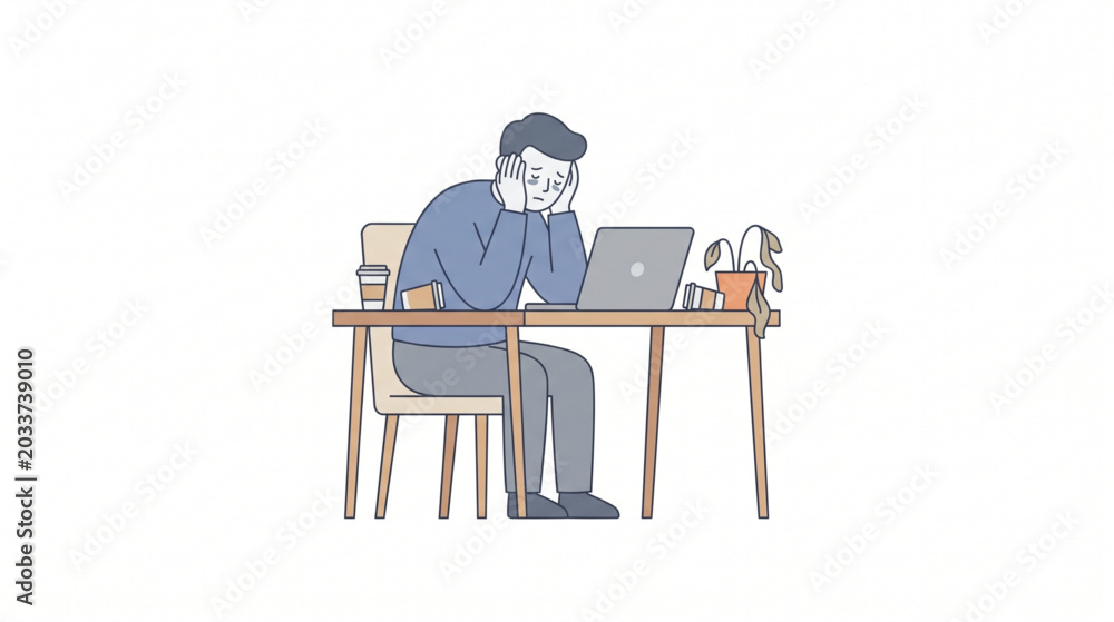 Fototapeta premium Frustrated man sitting at a desk, working on a laptop, looking tired and stressed
