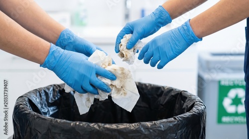 Hands in blue gloves dispose of dirty tissues into a trash bin. Proper sanitation measures for virus prevention and disease control. Ideal for health and hygiene awareness campaigns.