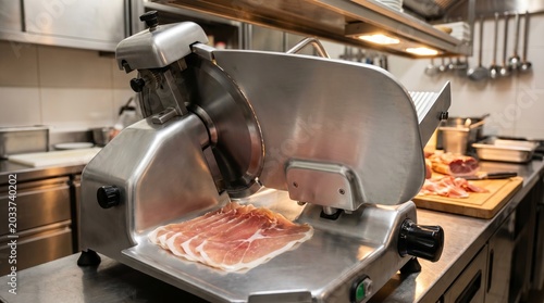 Stainless steel meat slicer in commercial kitchen, thi meat slices resting beside blade, detailed food preparation scene, professional culinary equipment
