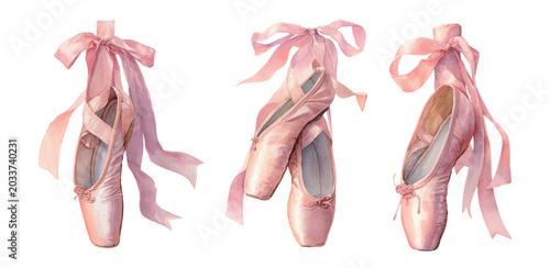 Quadro em tela Pink pointe ballet shoes with satin ribbons, rendered in a watercolor illustrati