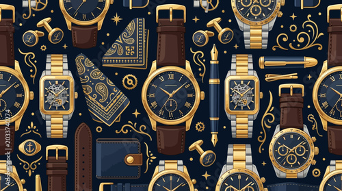 Konstfotografi Elegant luxury watch seamless pattern, premium accessories and gold details, fla