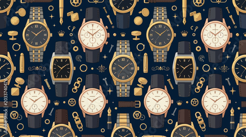 Photos Elegant luxury watch seamless pattern, premium accessories and gold details, fla