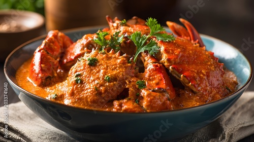 Singapore chili crab in thick creamy chili sauce served in bowl.