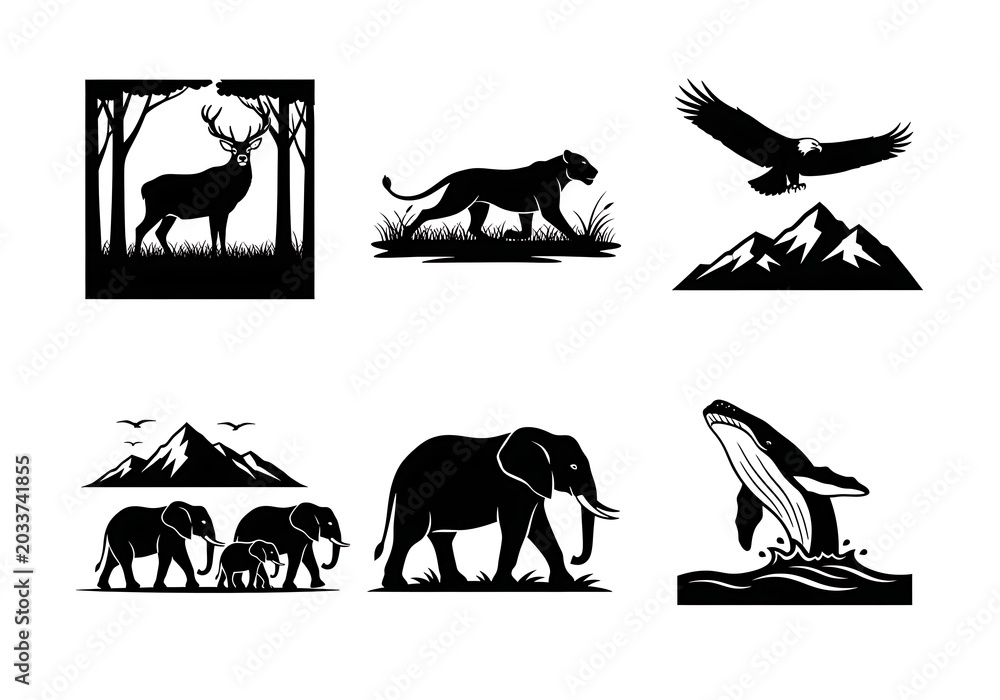 Fototapeta premium Animal Silhouettes Isolated on White Background