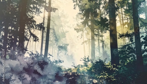 Misty Sunlit Evergreen Forest Glowing with Morning Light and Tall Trees