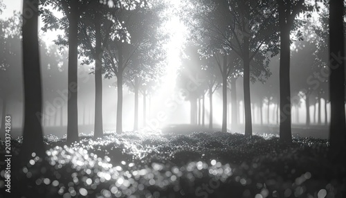 Misty Tree Lined Forest Path Glowing in Soft Morning Light
