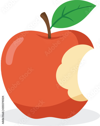 Red apple bitten fruit vector illustration, fresh organic apple with green leaf and bite mark, healthy snack food icon on white background