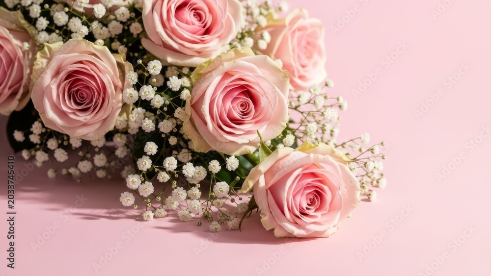 Fototapeta premium A bouquet of soft pink roses and baby's breath arranged on a pastel pink background, casting subtle shadows.