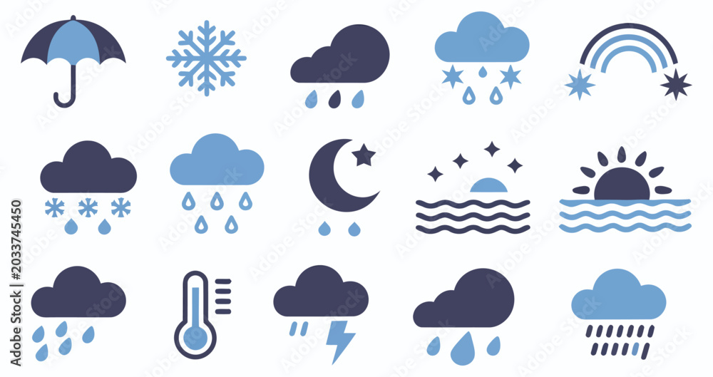 Obraz premium Adobe Illustrator ArtworkClimate and forecast icons set featuring solid weather symbols for atmospheric conditions and environmental design.