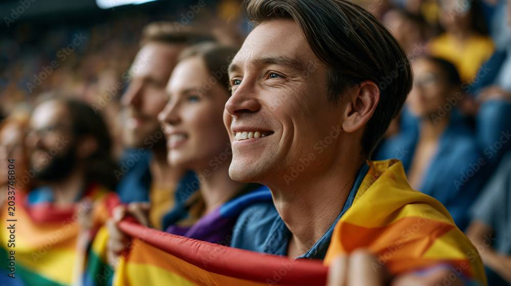 Naklejka premium Cheering audience members enjoying an event with rainbow flags, celebrating lgbtq plus pride, diversity, and social inclusion at a crowded stadium