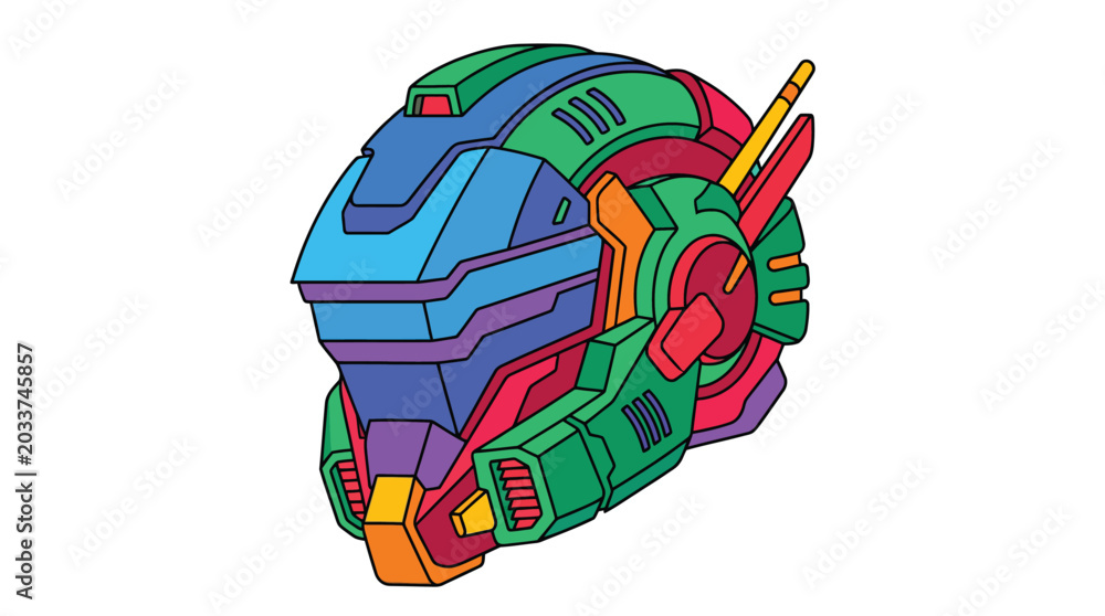 Fototapeta premium Futuristic 3d cyber helmet icon with vibrant multicolor design sleek angular shapes glowing accents detailed textures advanced technology aesthetic on a plain white background