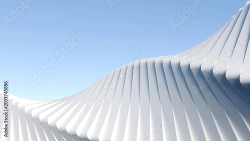 Fototapeta na wymiar Abstract 3D white architectural wave background. Minimalist parametric geometric structure under clear blue sky, perfect for luxury real estate banners and modern corporate backdrop design