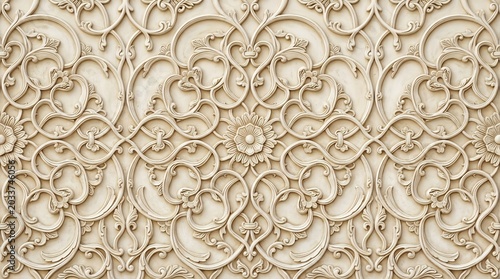 Intricate Beige Arabesque Pattern with Floral Motifs and Swirling Filigree.