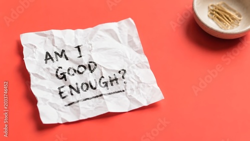 Self doubt note Am I good enough on orange background