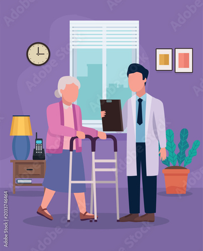 Doctor Assisting Elderly Woman with Walker at Home Healthcare Vector Illustration