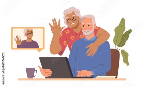 Senior Couple Using Laptop for Video Call Vector Illustration with Digital Communication and Modern Elderly Lifestyle