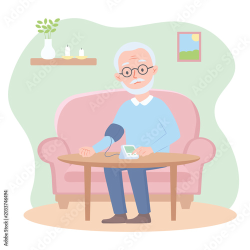 Senior Man Checking Blood Pressure at Home Vector Illustration for Healthcare Monitoring and Elderly Wellness