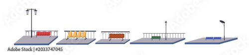 Waiting areas with seat rows on platform at train station, bus stop. Public t...
