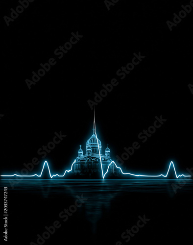 Dark black background neon line Palace, generation AI 
