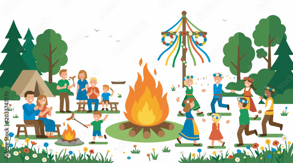 Naklejka premium People celebrating an outdoor festival with a bonfire, maypole, and camping activities in a vibrant natural setting.