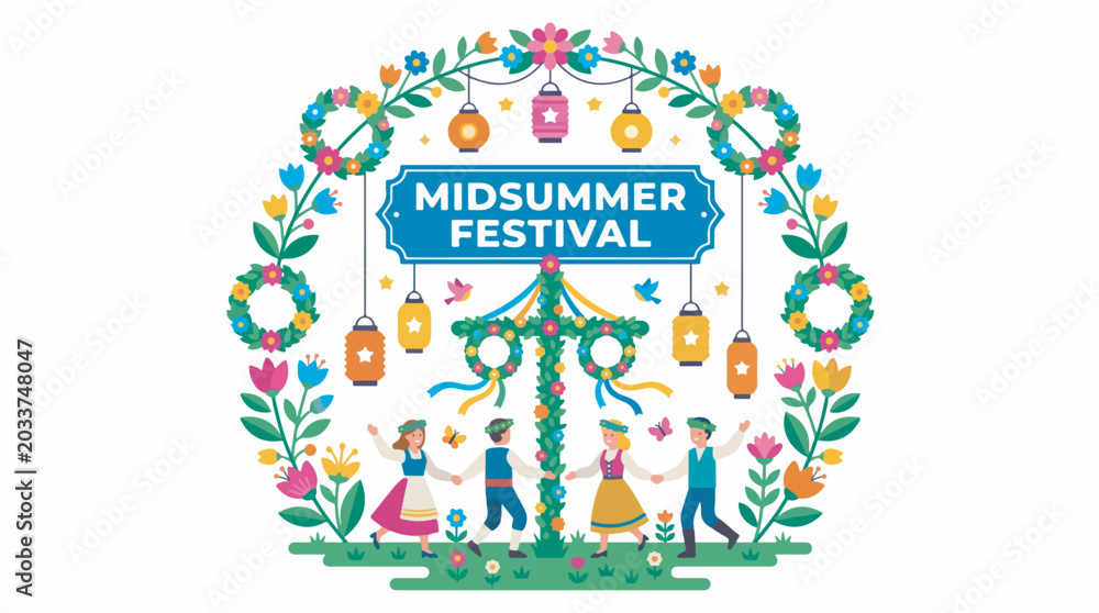 Fototapeta premium Colorful flat illustration of a Midsummer Festival with people dancing around a maypole, surrounded by a vibrant floral wreath and lanterns.