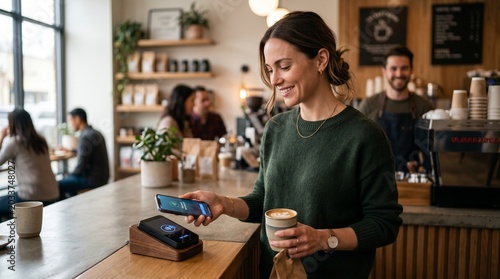 Customer making contactless cashless payment using smartphone at retail store checkout.